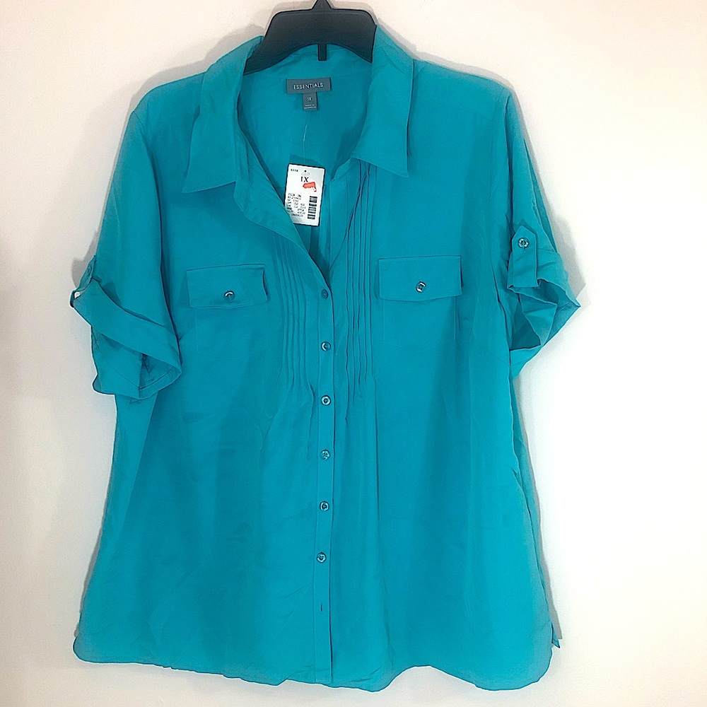 NWT Essentials button down shirt teal blue lightweight SZ 1X